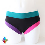 Lady Days black period pants with colour block bands of pink purple and teal