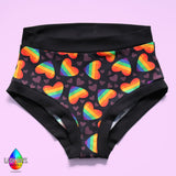 Hand made high waist brief period pants with rainbow hearts  | Made in the U.K by Lady Days™