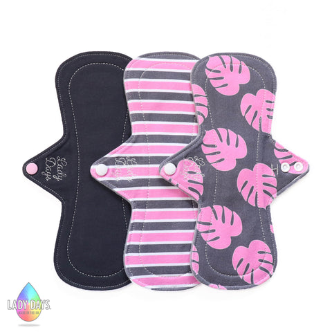 LADY DAYS 10" HEAVY REUSABLE CLOTH SANITARY PAD SET OF 3 PINK MONSTERA THEME