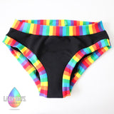 LADY DAYS PERIOD PANTS - BLACK WITH RAINBOW STRIPED BANDS - MADE IN THE UK