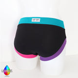 Lady Days black period pants with colour block bands of pink purple and teal