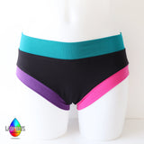 Lady Days black scrundies with colour block bands of pink purple and teal