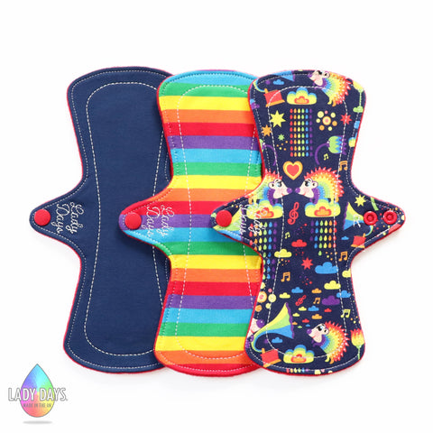 lady days 9" regular absobency cloth pads set of 3 rainbow hedgehog mixed designs