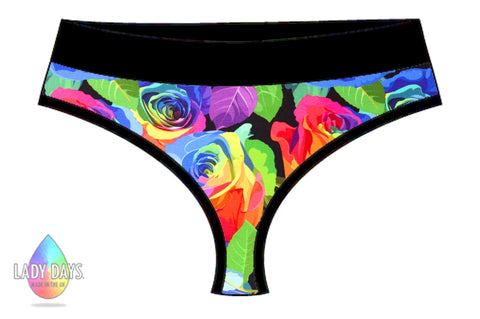Rainbow Rose Print Scrundies Thong Pants | Made in the U.K by Lady Days